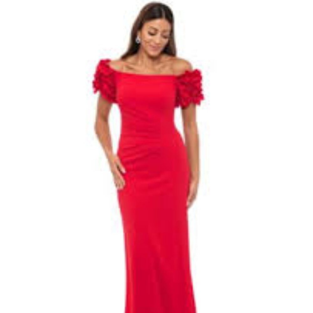 Bright Red Xscape Women's Scuba Crepe Ruffled Off Shoulder Dress Sz 16 Petite